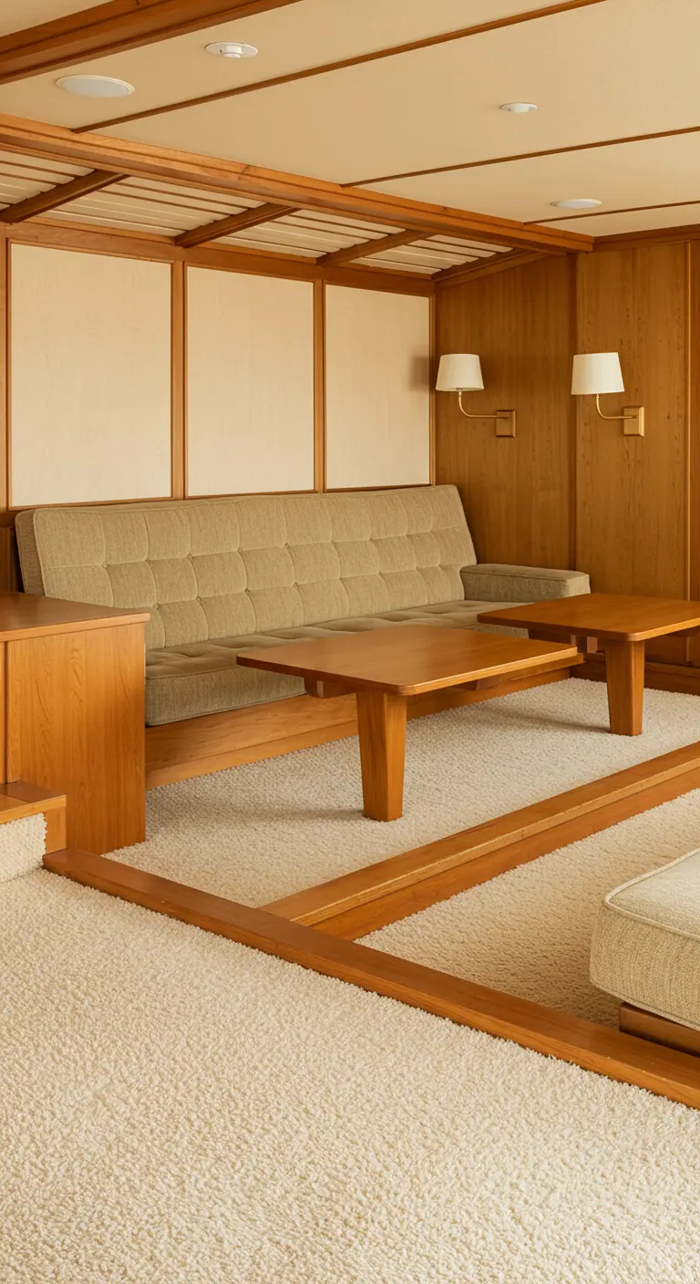 Salon en contrebas avec une structure en bois et un tapis épousant la forme.
