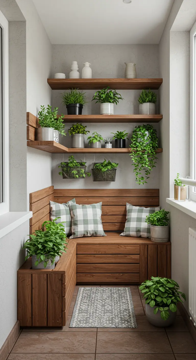 Banc d'angle en bois sur mesure avec rangement intégré sur un balcon.