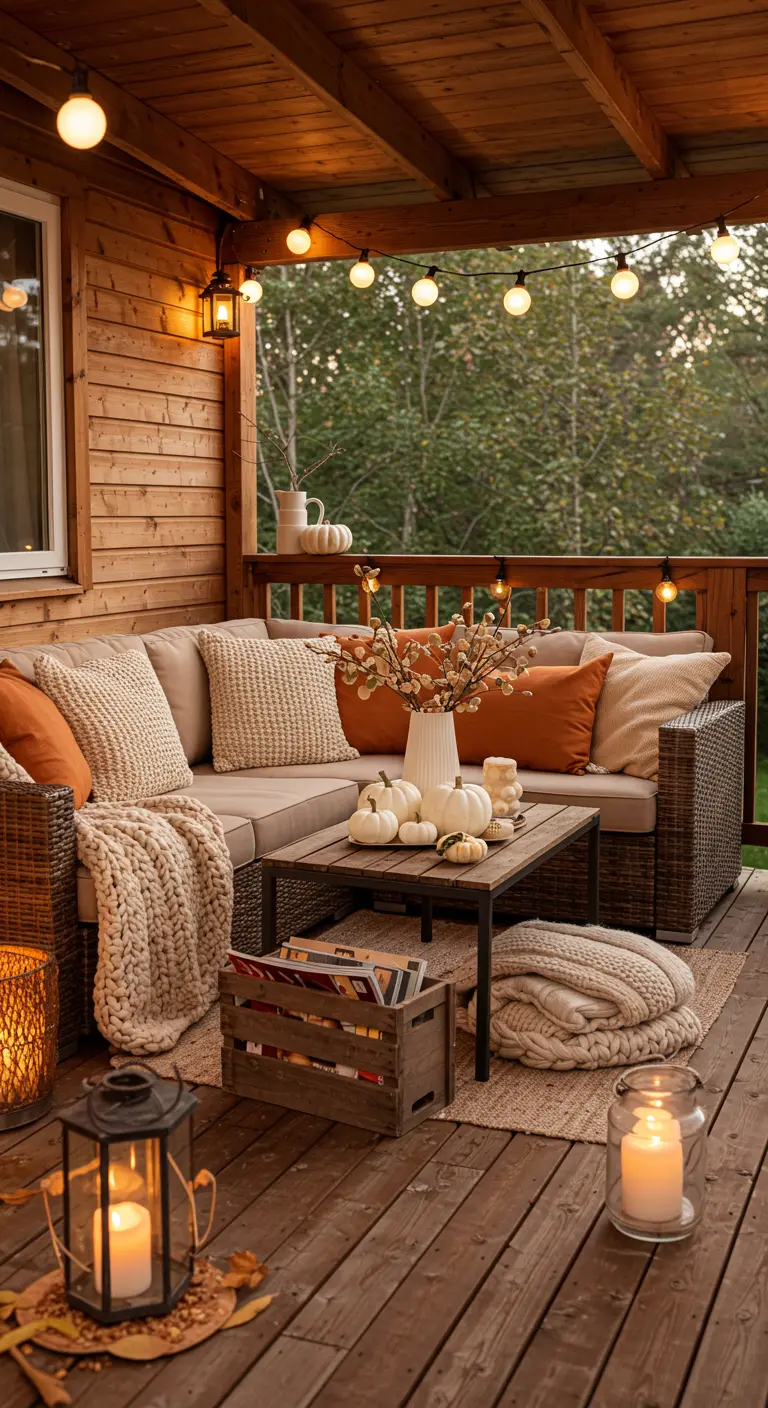 Terrasse couverte avec canapé d'angle, plaids en tricot et citrouilles blanches.