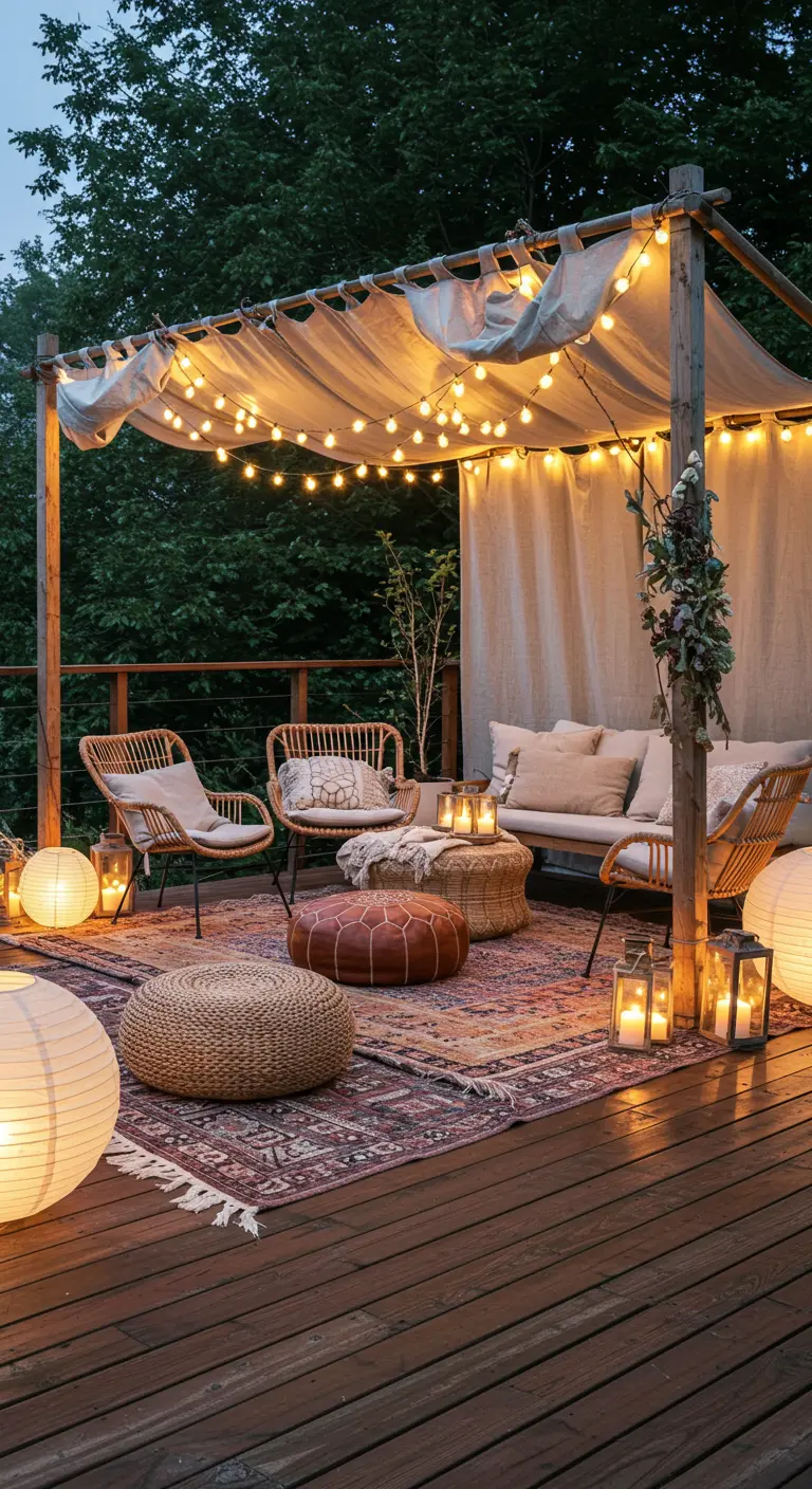 Terrasse en bois avec canapé, fauteuils en rotin, et des guirlandes lumineuses sur un toit en tissu.