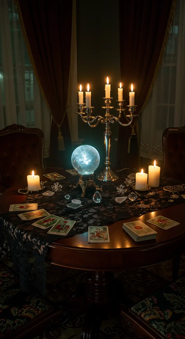 Table de voyante avec boule de cristal lumineuse et cartes de tarot.