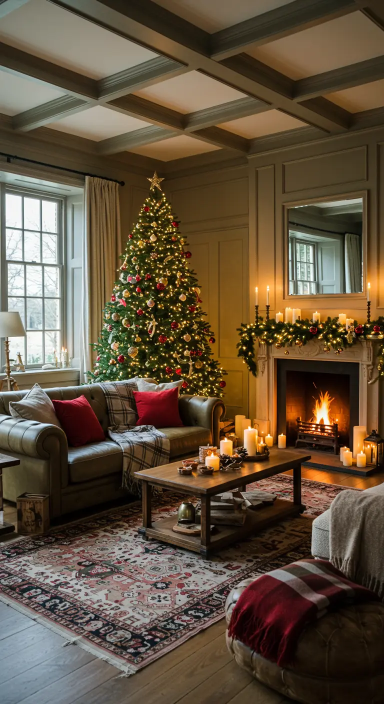 Salon de Noël traditionnel avec sapin décoré, cheminée et bougies
