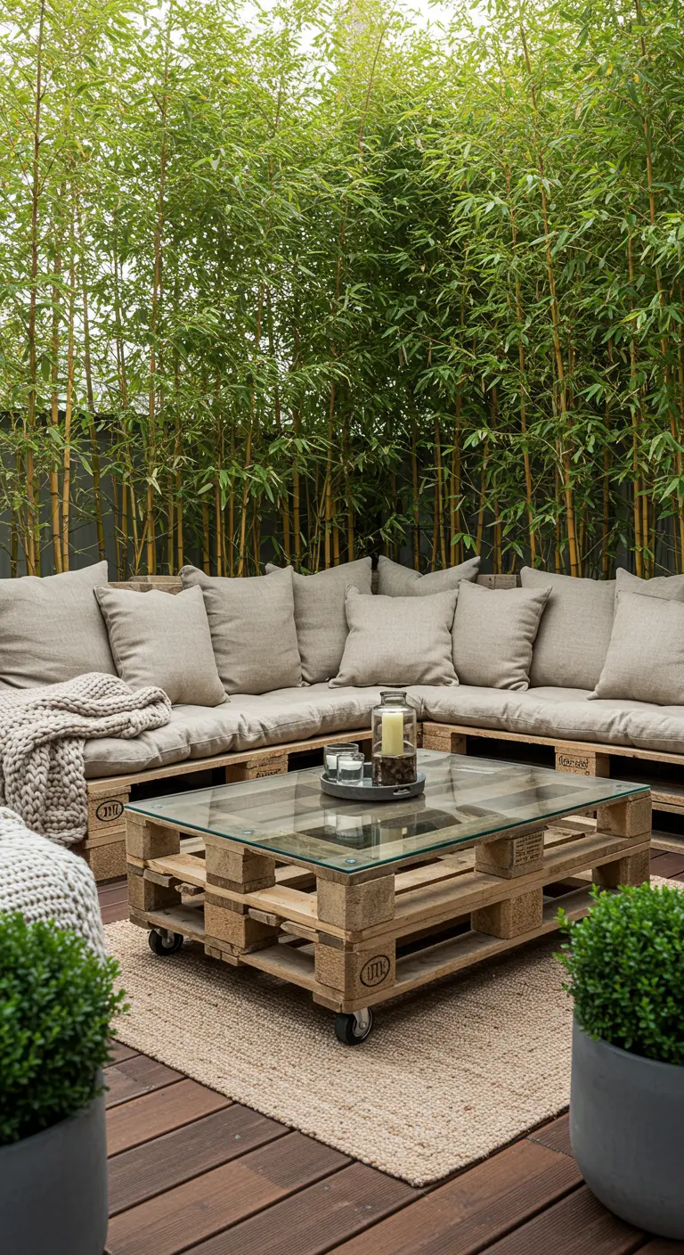 Salon de jardin en palettes avec coussins beiges devant une haie de bambou.