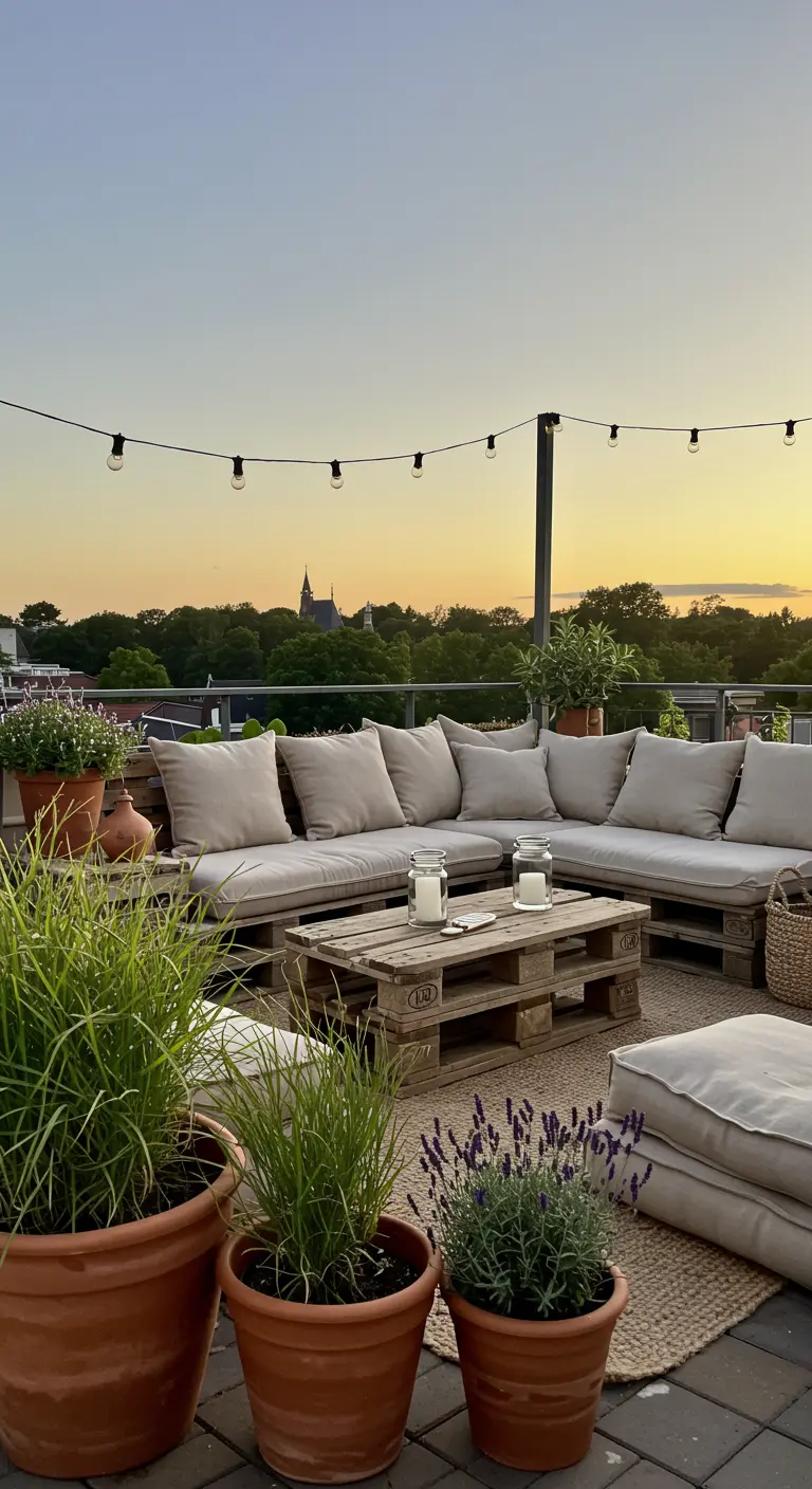 Salon de jardin en palettes sur un toit-terrasse au coucher du soleil