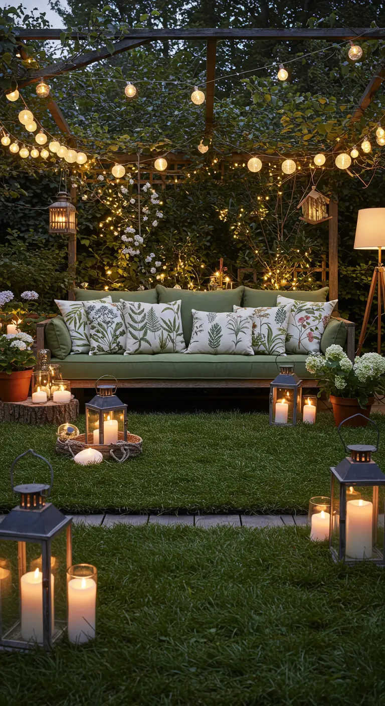 Salon de jardin avec canapé en bois, coussins botaniques et guirlandes lumineuses.