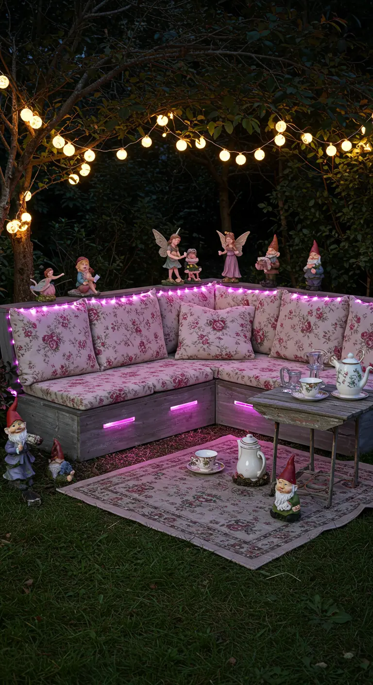 Canapé d'angle en bois, coussins fleuris, LED roses, figurines de fées et guirlandes lumineuses.