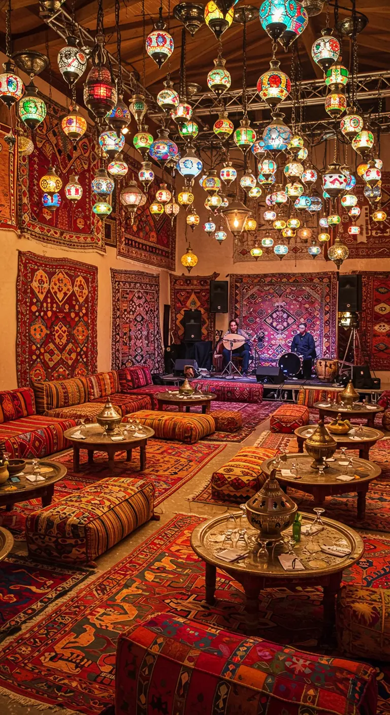 Salon marocain richement décoré avec tapis, canapés, tables basses et une multitude de lampions colorés.