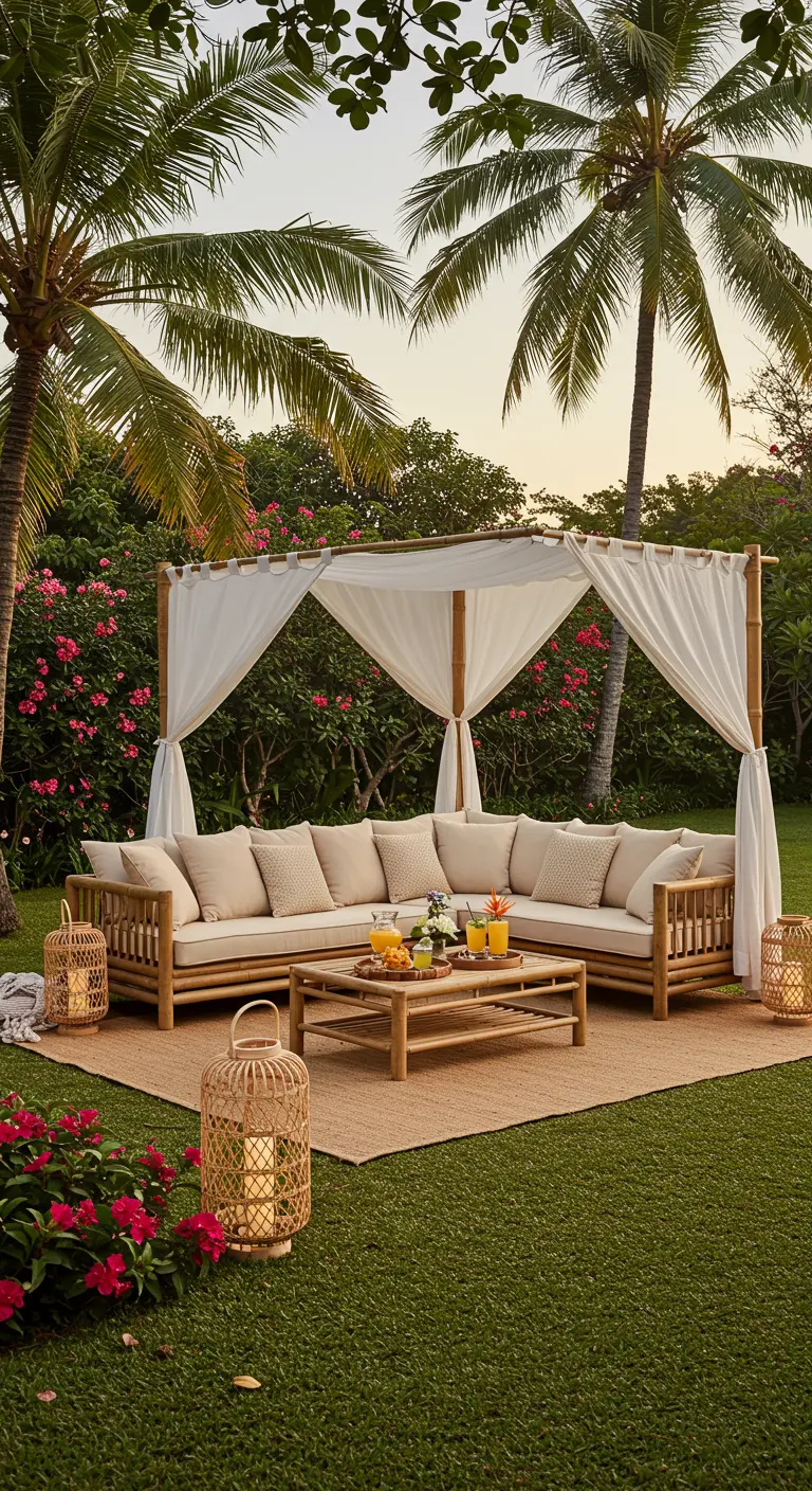 Salon d'extérieur en bambou avec baldaquin blanc, coussins neutres et lanternes, dans un jardin luxuriant.