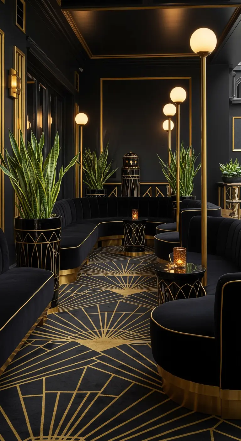 Salon intérieur noir et or avec canapés incurvés, tapis géométrique, lampadaires et plantes.