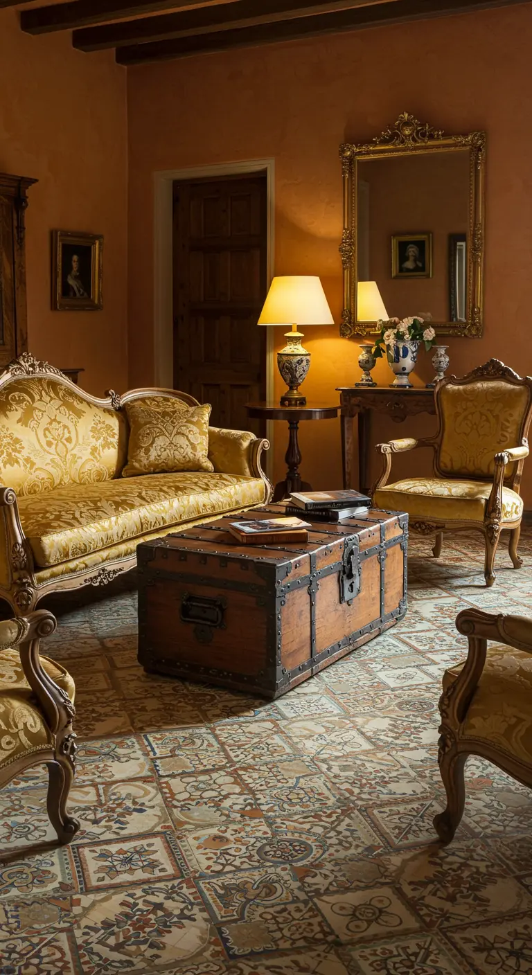 Salon baroque avec mobilier doré, carrelage complexe et une malle en bois.
