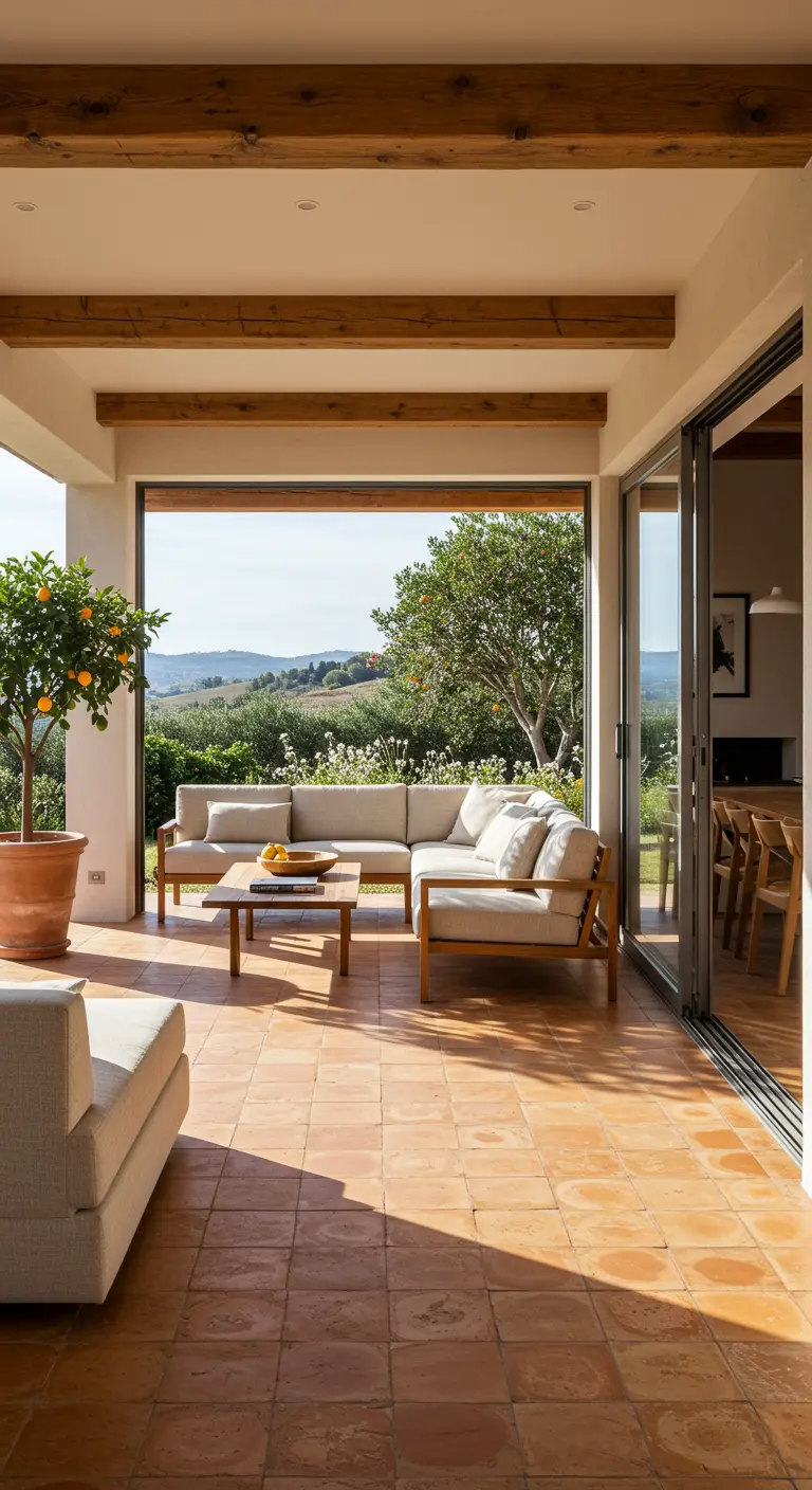Salon ouvert sur une terrasse avec sol en terre cuite et canapé en bois clair.