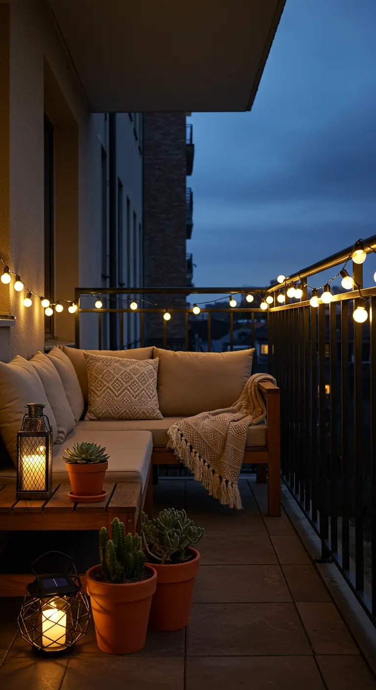 Canapé d'angle sur un balcon avec guirlande à grosses ampoules et lanternes.