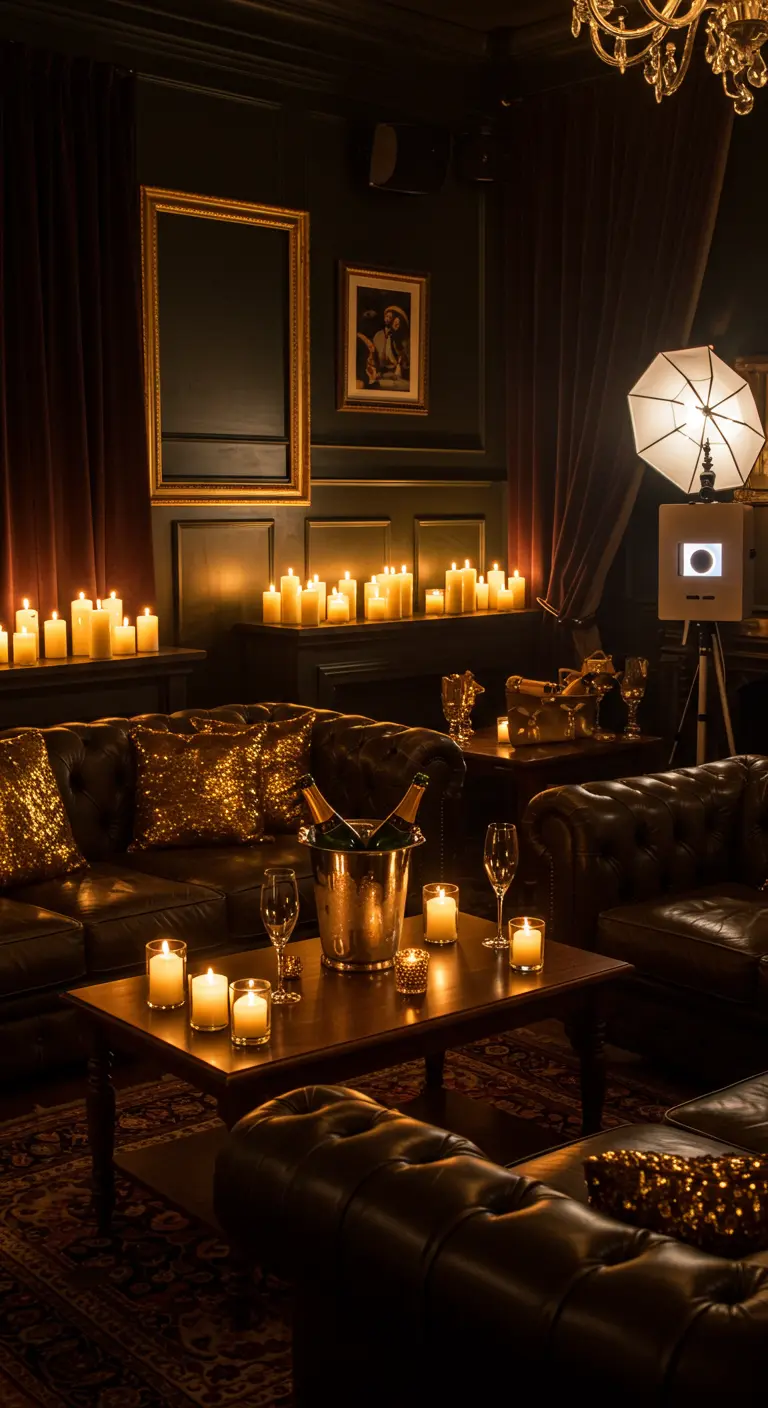 Ambiance tamisée dans un salon avec des canapés en cuir et des dizaines de bougies.