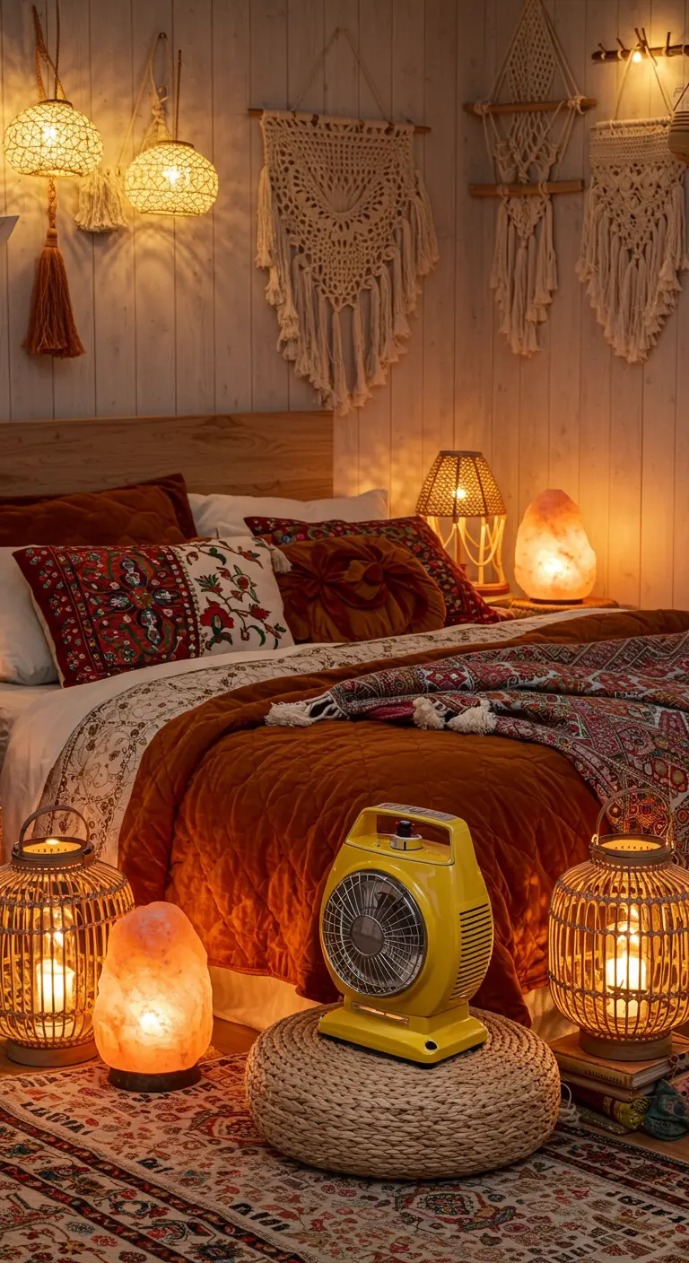 Chambre bohème éclectique avec lampes de sel, macramé et lanternes.