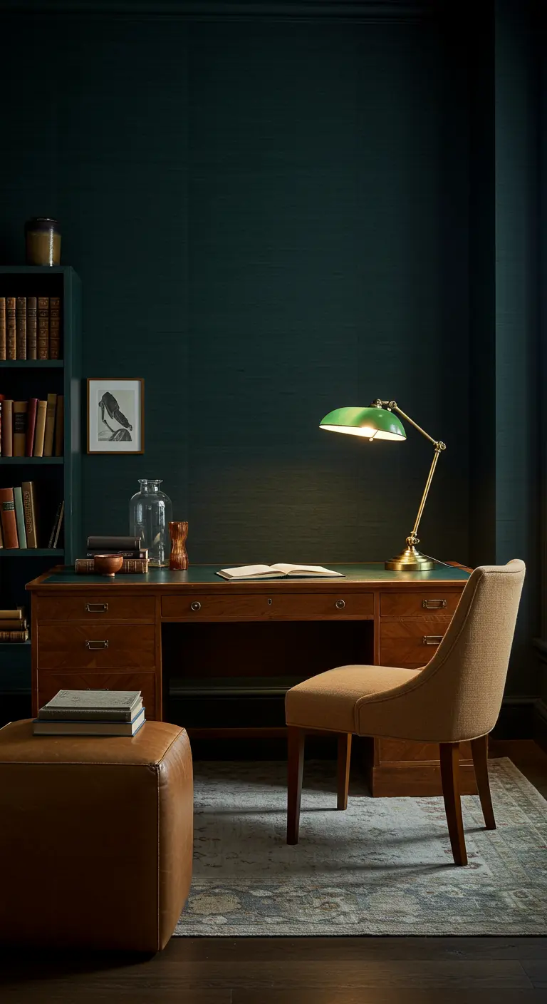 Bureau classique en bois dans une pièce aux murs vert foncé, éclairé par une lampe de banquier.