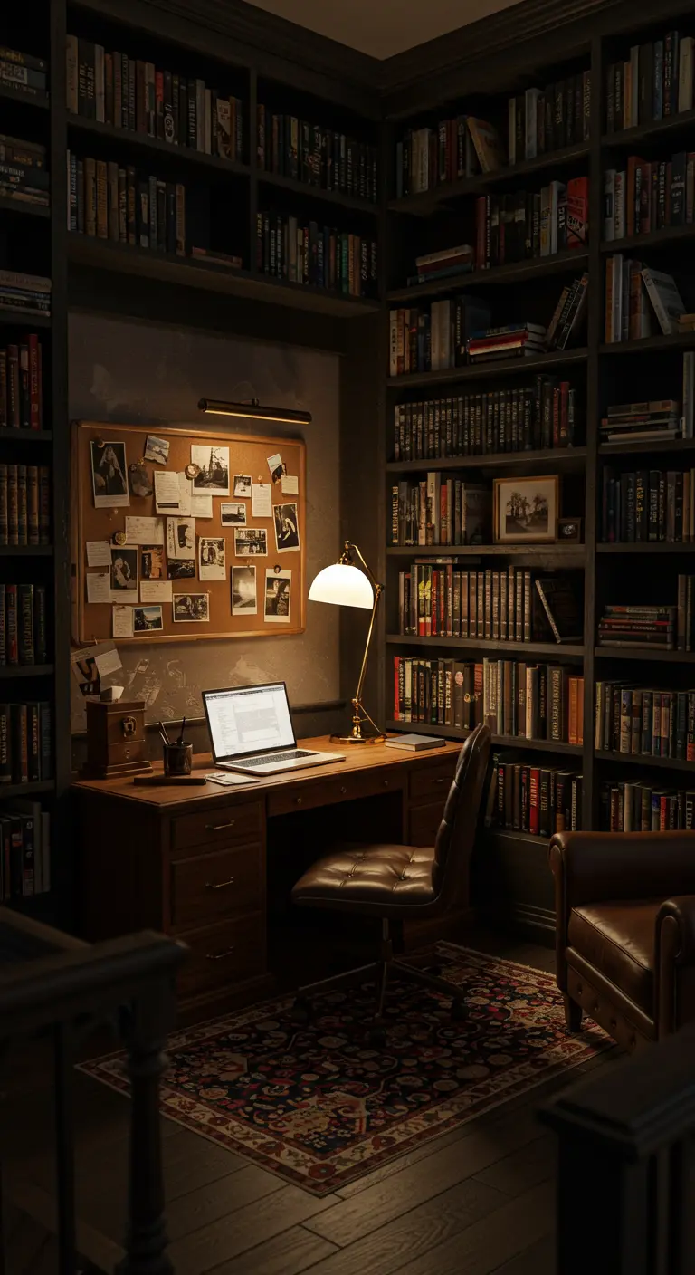 Bureau en bois sombre dans une bibliothèque, ambiance studieuse et feutrée.