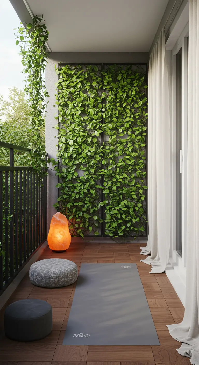 Balcon aménagé en espace de yoga avec un mur végétal et une lampe de sel.