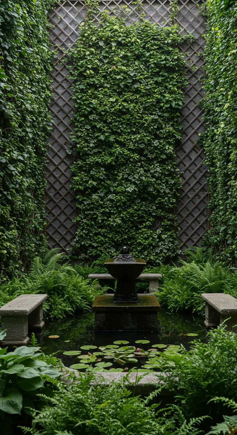 Jardin intime avec des murs de treillis couverts de lierre et de fougères, une fontaine et des bancs en pierre.