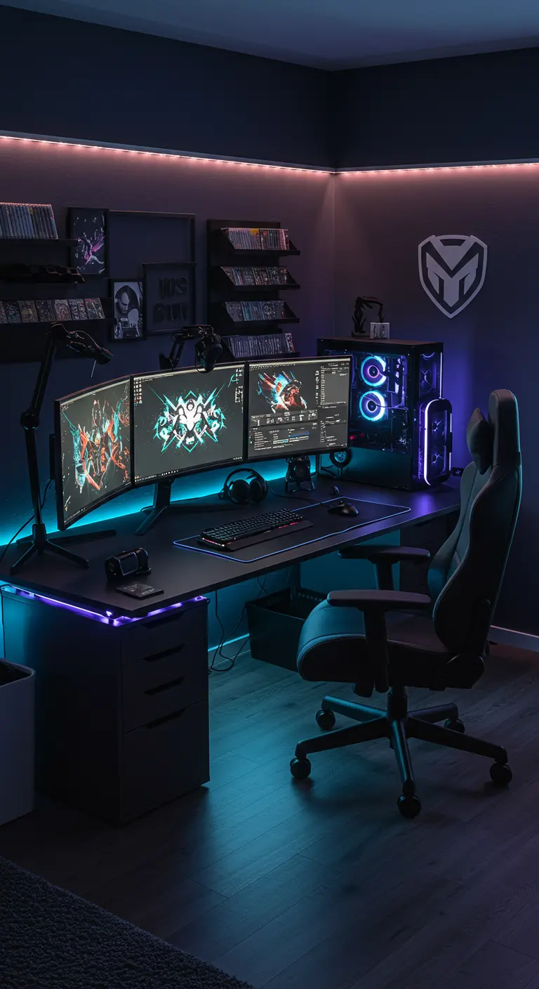 Bureau gaming avec trois écrans, éclairage LED RGB et chaise ergonomique.