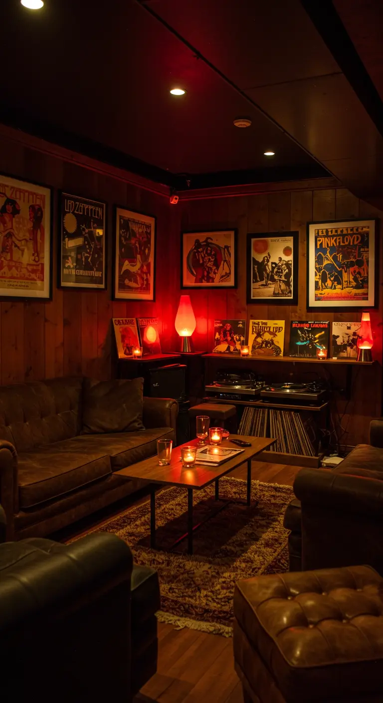 Salon cosy avec des affiches de rock vintage et des lampes à lave.