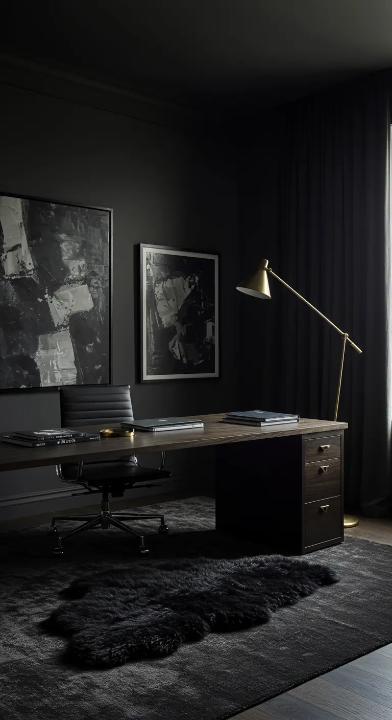 Bureau noir et bois sombre, murs noirs, lampe en laiton et tapis en peau de mouton noire.