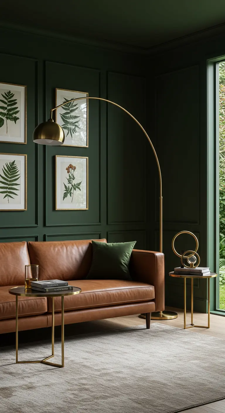 Salon vert forêt avec canapé en cuir camel et lampadaire arqué en laiton.