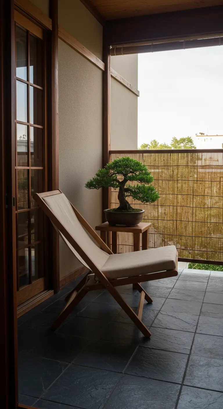 Chaise longue en toile écrue devant un paravent en bambou et un bonsaï.