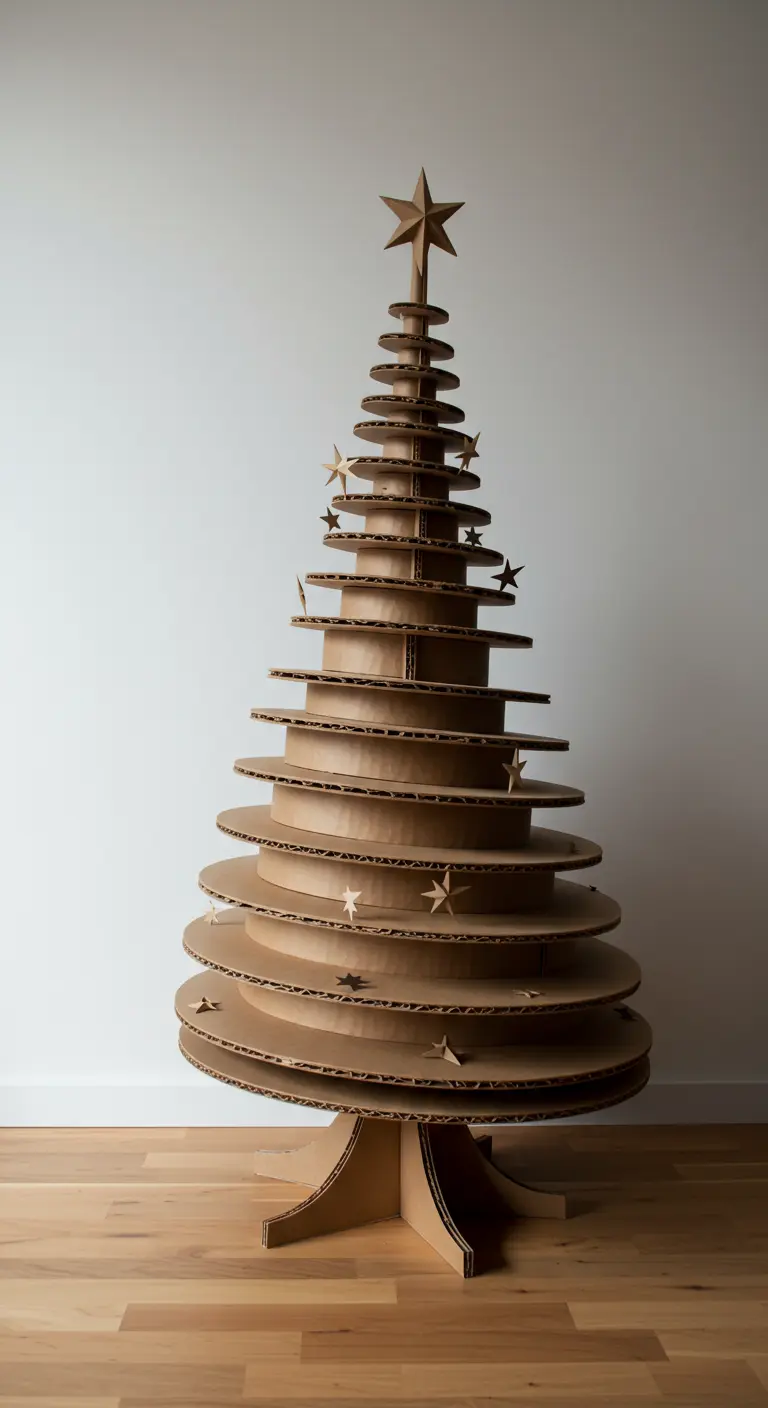 Grand sapin de Noël sculptural entièrement fait de disques de carton superposés.