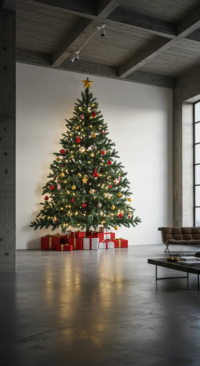 Sapin plat en trompe-l'œil sur un mur blanc dans un intérieur de style industriel.