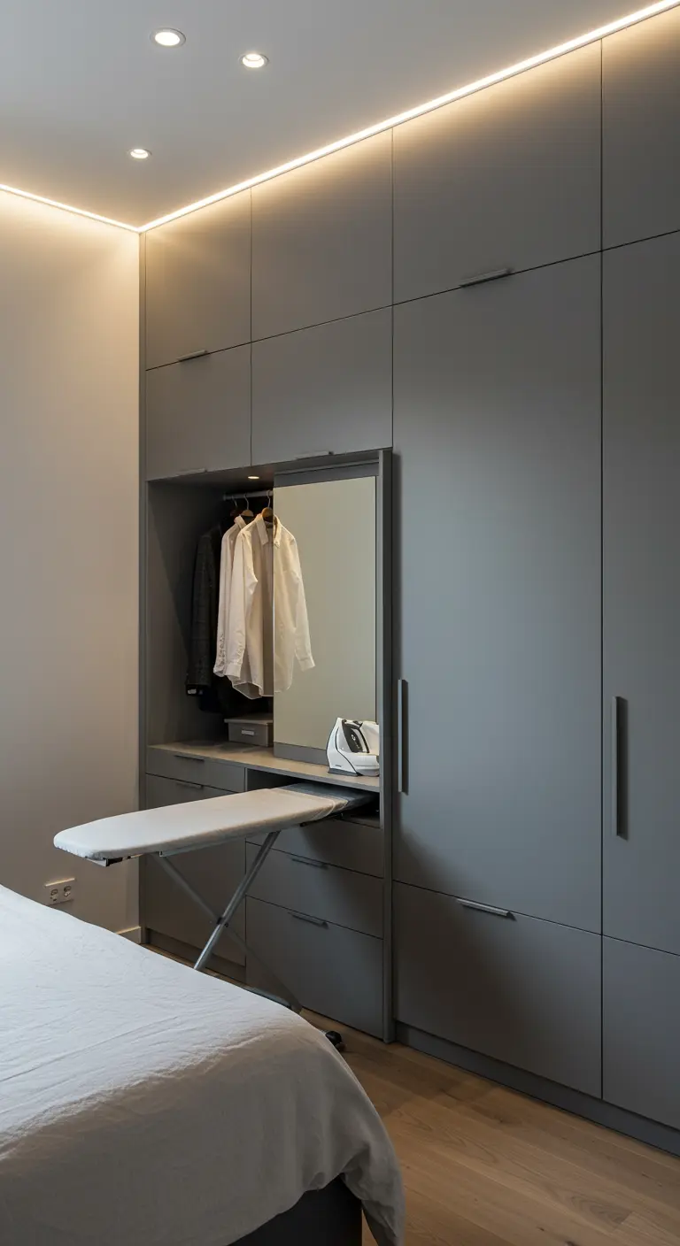 Dressing gris avec planche à repasser et miroir escamotables intégrés.