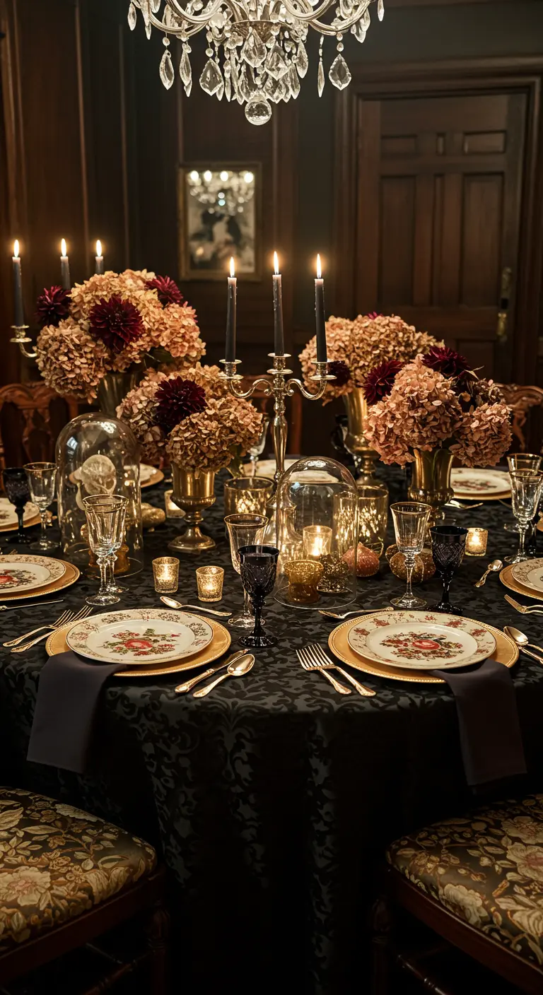 Table élégante avec nappe damassée noire et bouquets d'hortensias séchés.