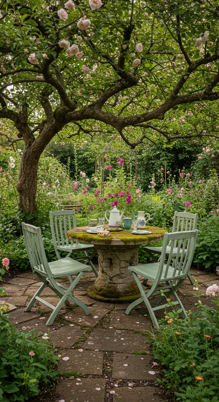 Table ronde en pierre moussue et chaises vertes sous un rosier en fleurs.