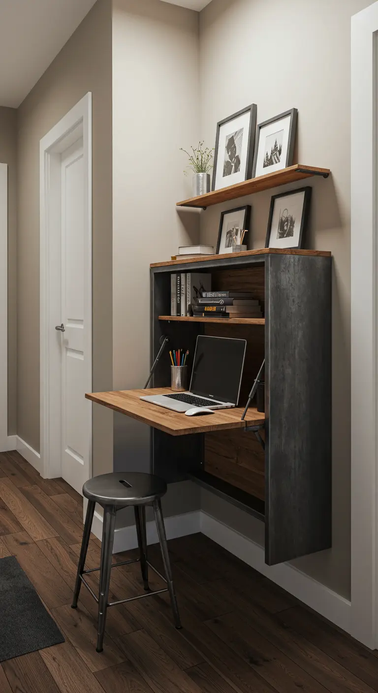 Bureau secrétaire mural rabattable en métal et bois, installé dans un couloir.