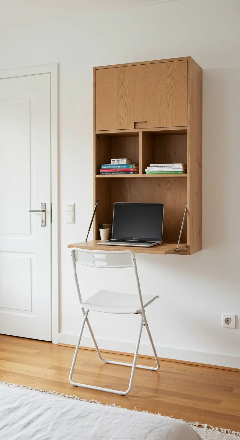 Secrétaire mural en bois rabattable, fixé au-dessus d'une chaise pliante blanche.