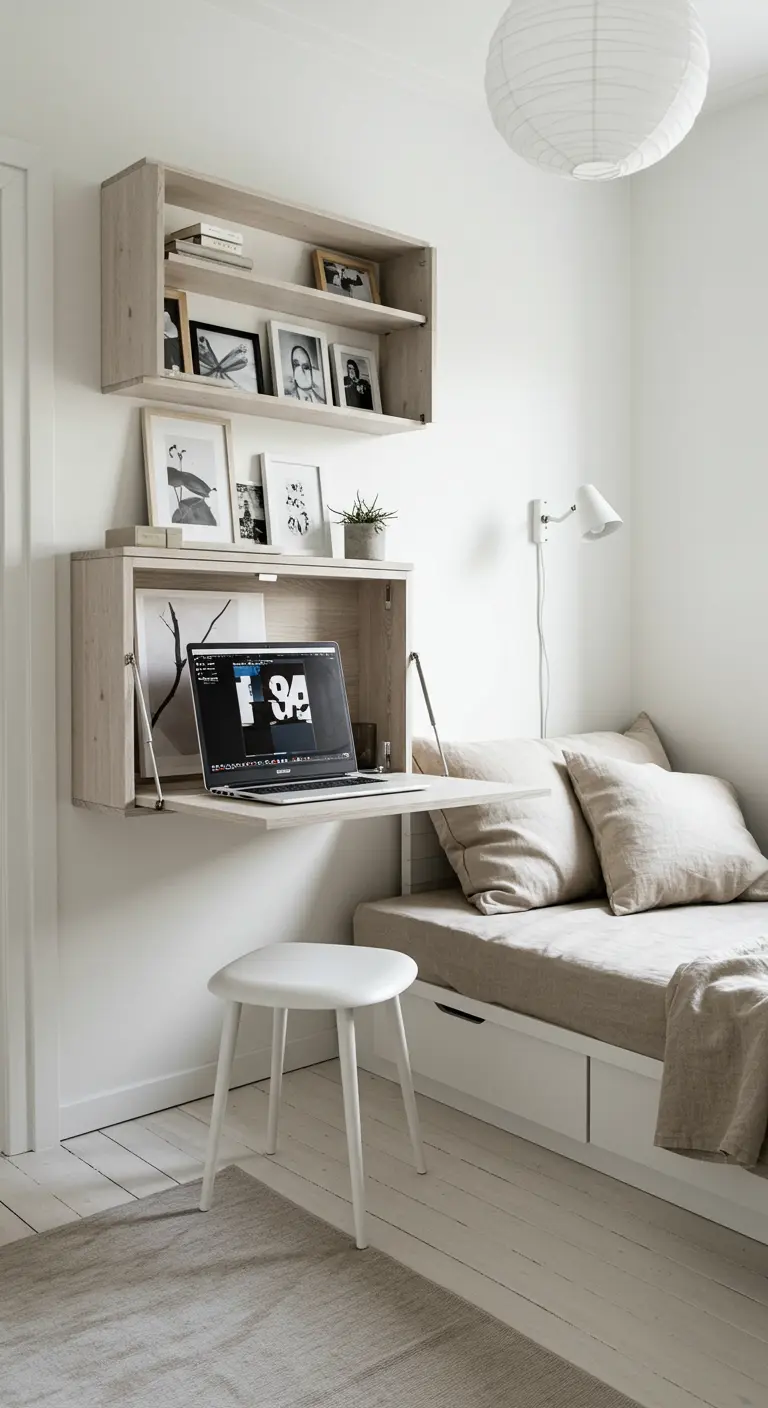 Bureau mural rabattable en bois clair, ouvert à côté d'une banquette dans une petite pièce.