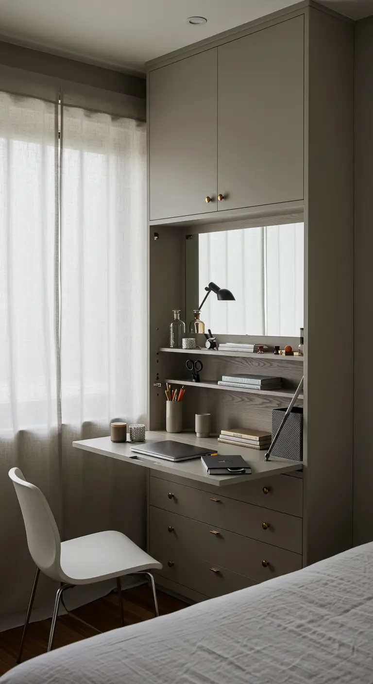 Bureau secrétaire intégré dans une armoire grise avec un fond en miroir.