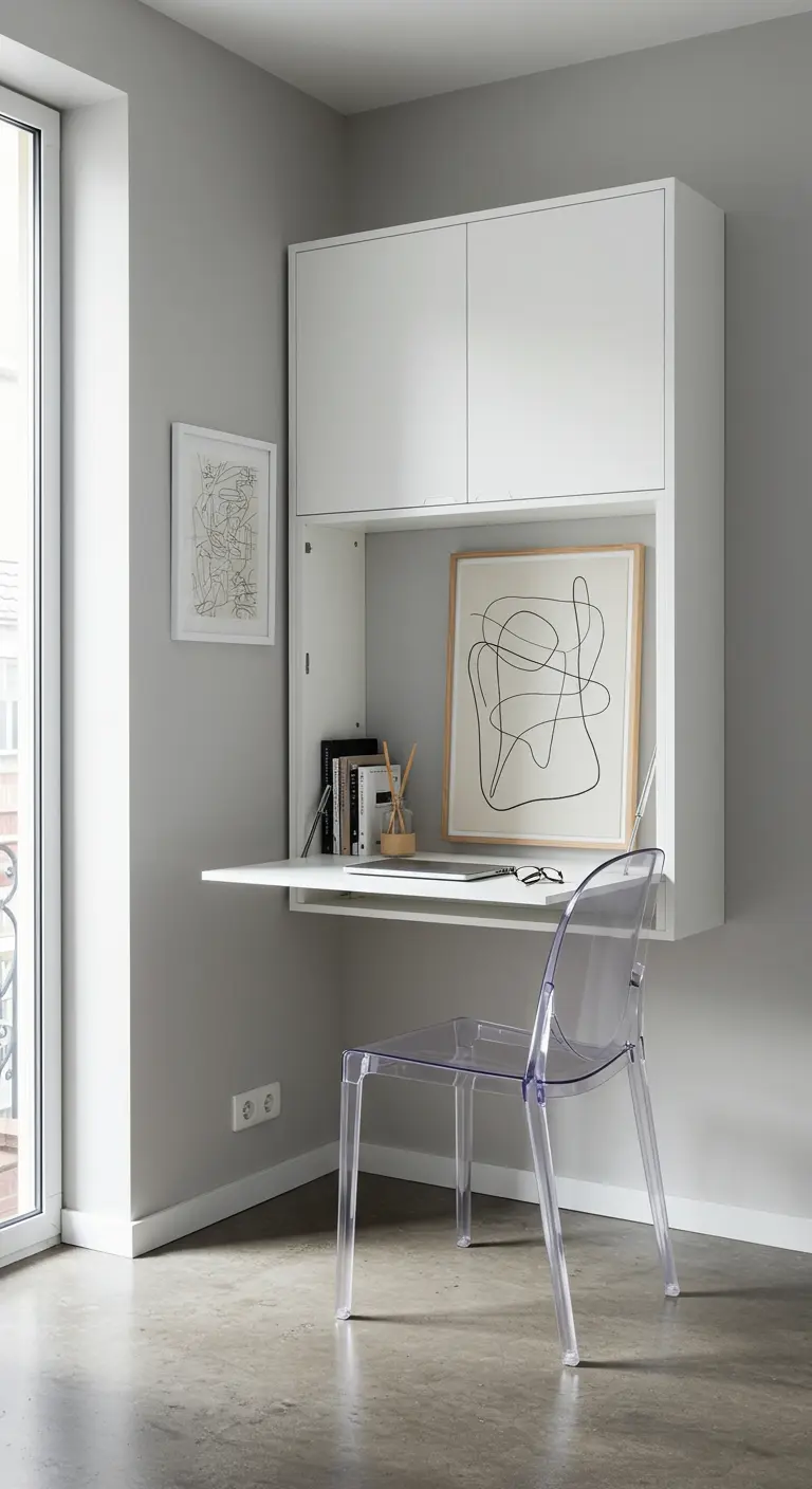 Bureau mural rabattable blanc avec une chaise transparente et design.