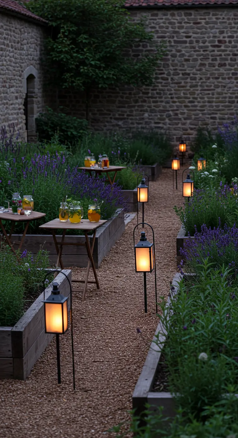 Chemin de jardin en gravier bordé de lavande et éclairé par des lanternes.