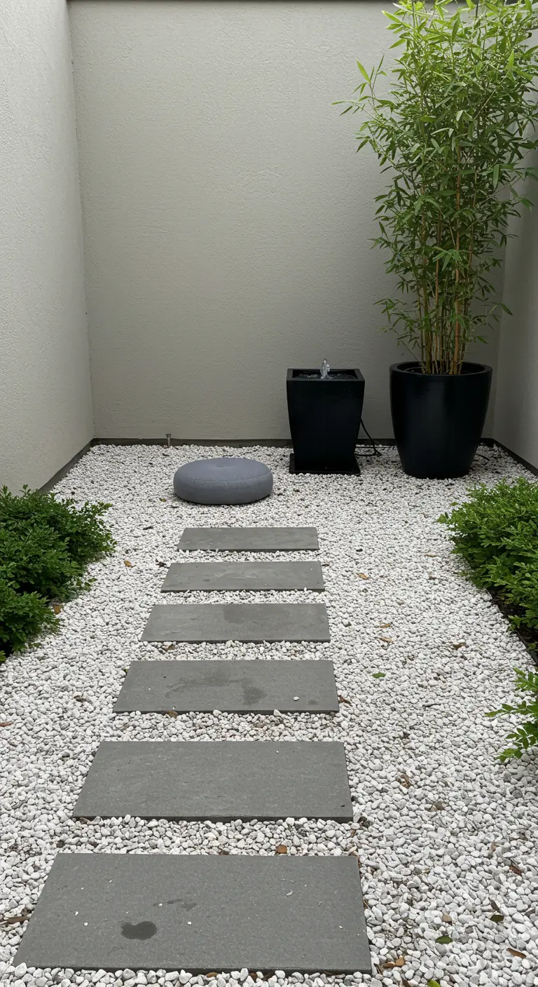 Petit jardin zen avec chemin de dalles sur gravier blanc et bambou.