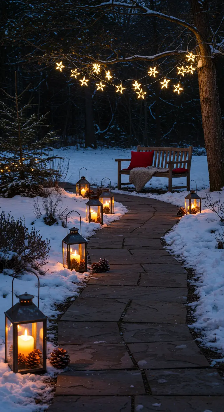 Chemin de jardin enneigé bordé de lanternes, menant à un banc sous des étoiles lumineuses.