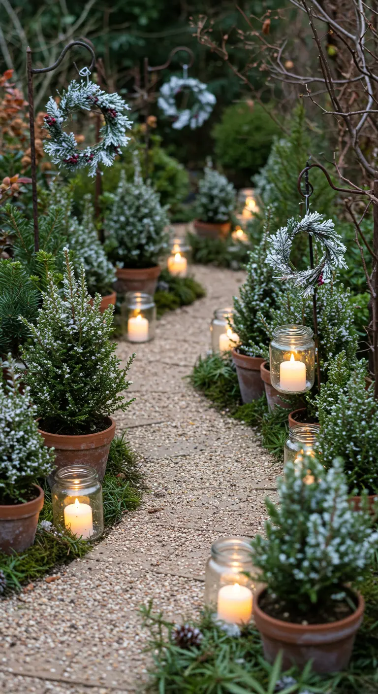 Chemin de jardin bordé de mini-sapins givrés et de bougies LED dans des bocaux en verre.