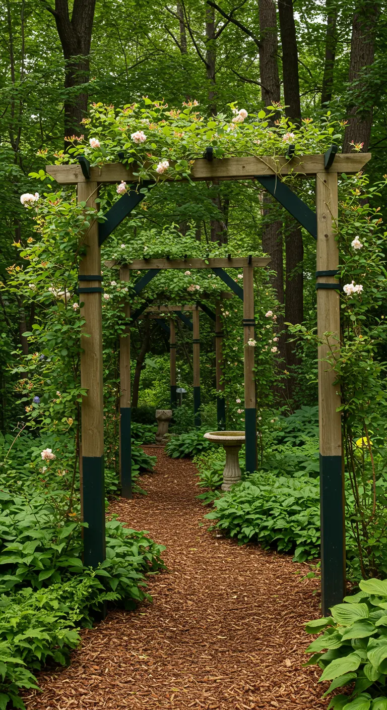 Sentier de jardin boisé sous une série d'arches en treillis vertes couvertes de plantes grimpantes et fleurs roses.
