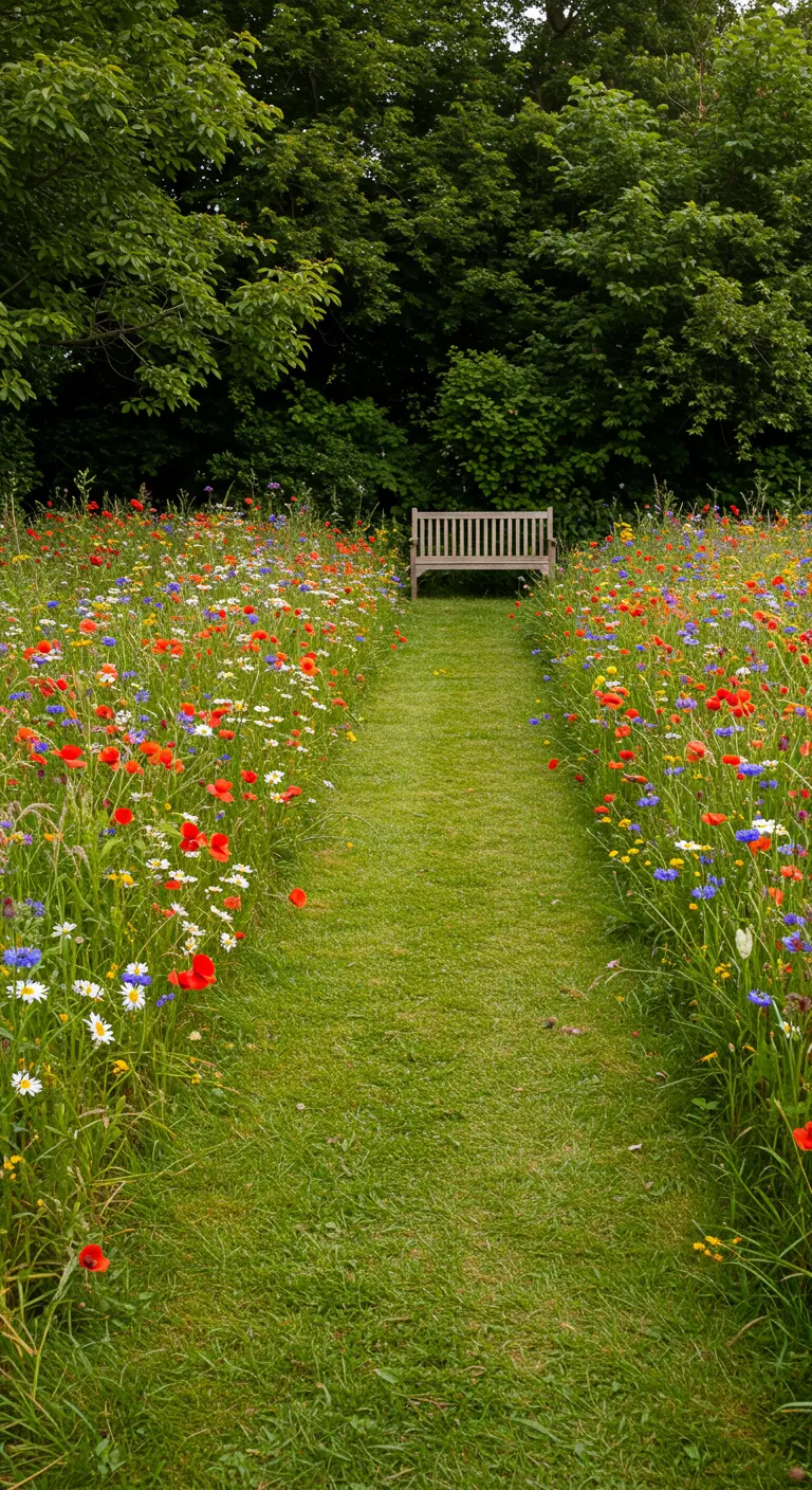 Sentier d'herbe tondue serpentant à travers une prairie de fleurs sauvages.