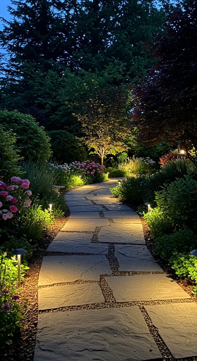Chemin de jardin en dalles de pierre éclairé par de petites lampes de chaque côté.