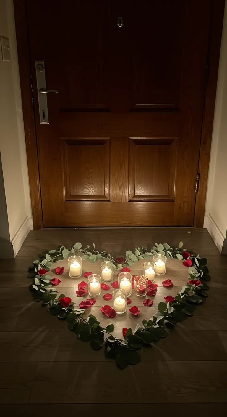 Cœur fait de feuilles d'eucalyptus et de pétales de roses au sol avec des bougies.