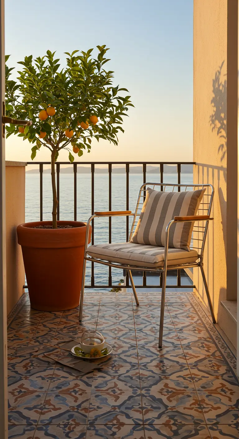 Balcon avec vue sur la mer, carrelage à motifs, chaise design et citronnier.