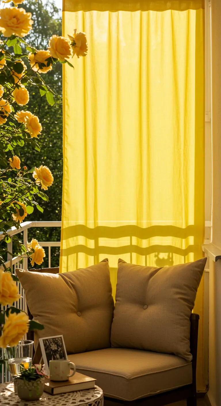 Coin lecture sur un balcon avec un rosier jaune et un rideau jaune vif.