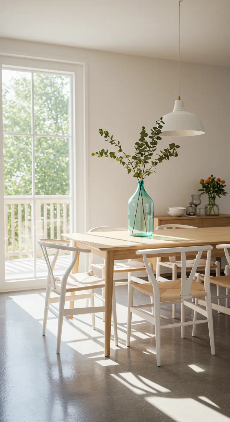 Grande dame-jeanne turquoise avec des branches d'eucalyptus sur une table en bois clair.
