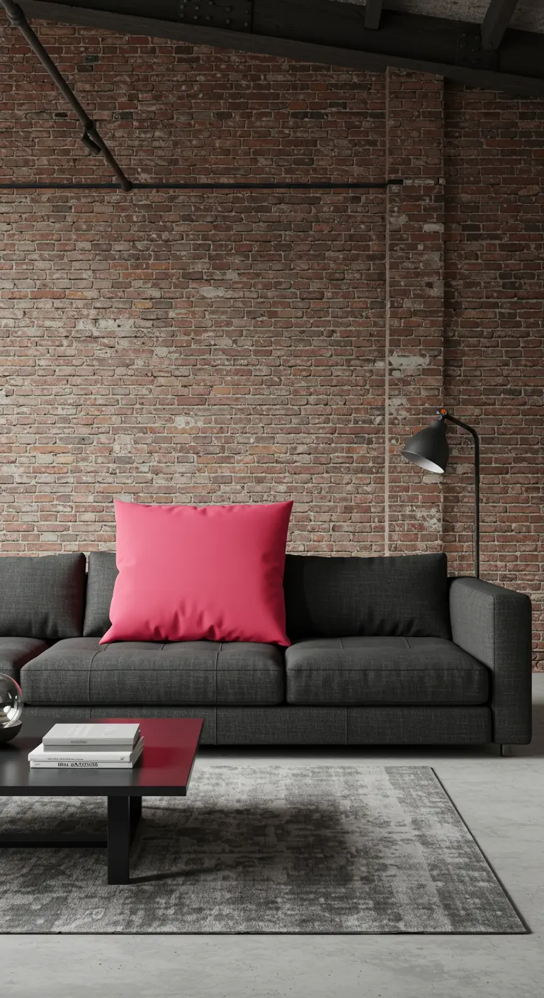 Un seul coussin rose vif sur un canapé gris dans un salon industriel.
