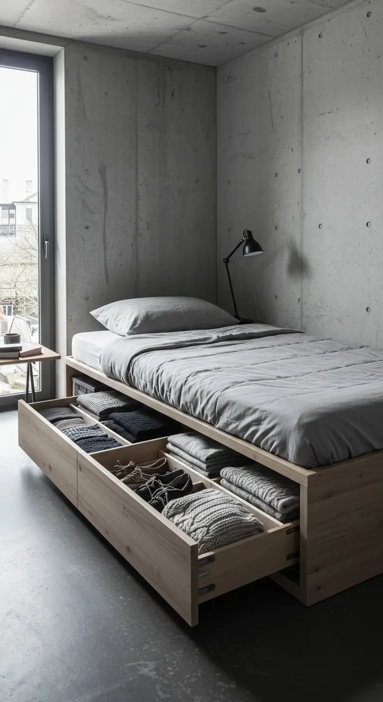 Lit en bois avec un grand tiroir de rangement ouvert, rempli de pulls pliés.